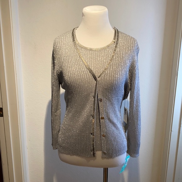 NWT Adrianna Papell Silver Beaded Twinset PS - Picture 1 of 15